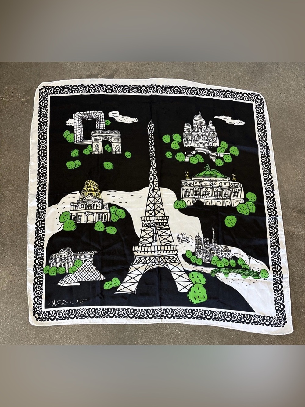 Paris & Me vintage Black, White & Green scarf 35 x 35. Some flaws